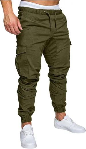 Cargo Pants for Men Regular Fit Drawstring Slacks Tapered Cotton Elastic Waist Multi Pockets Solid Sweatpants