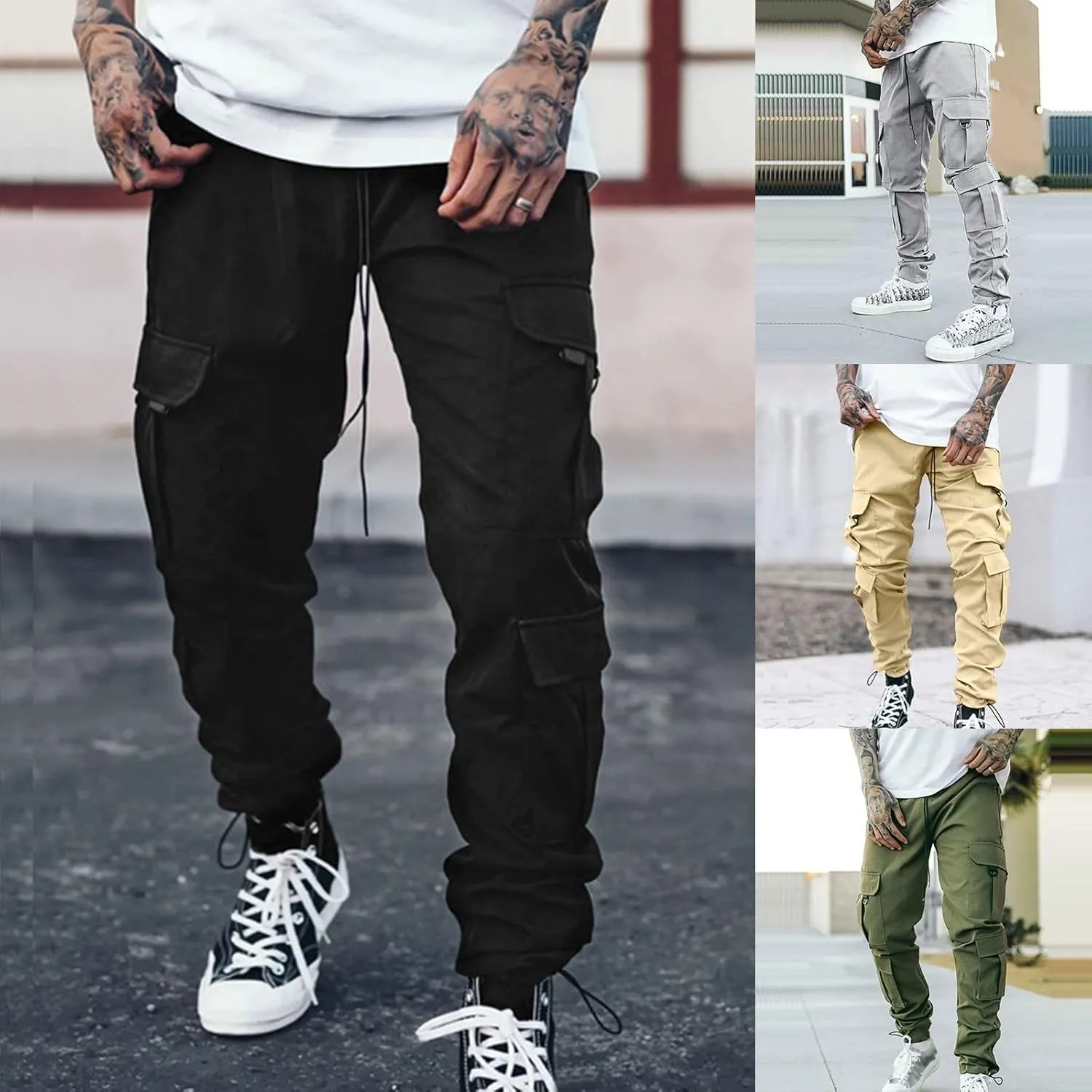 Cargo Trousers for Men Heavyweight Fleece Cargo Sweatpants Elastic Waist Joggers Baggy Drawstring Sweat Pants with