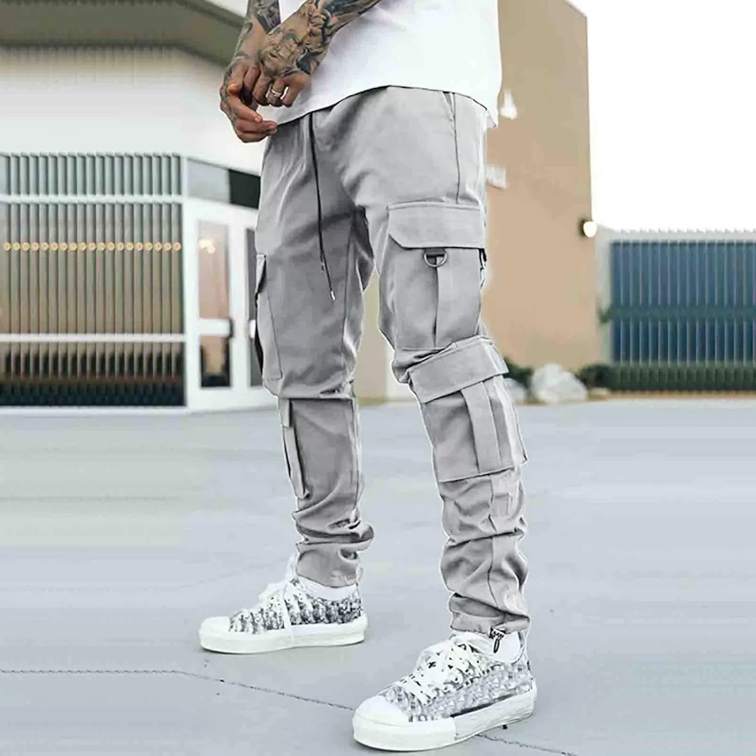Cargo Trousers for Men Heavyweight Fleece Cargo Sweatpants Elastic Waist Joggers Baggy Drawstring Sweat Pants with