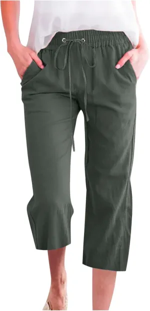 Casual Capri Pants for Women Summer Cotton Linen Cropped Pants Elastic High Waist Trousers Straight Wide Leg Pants