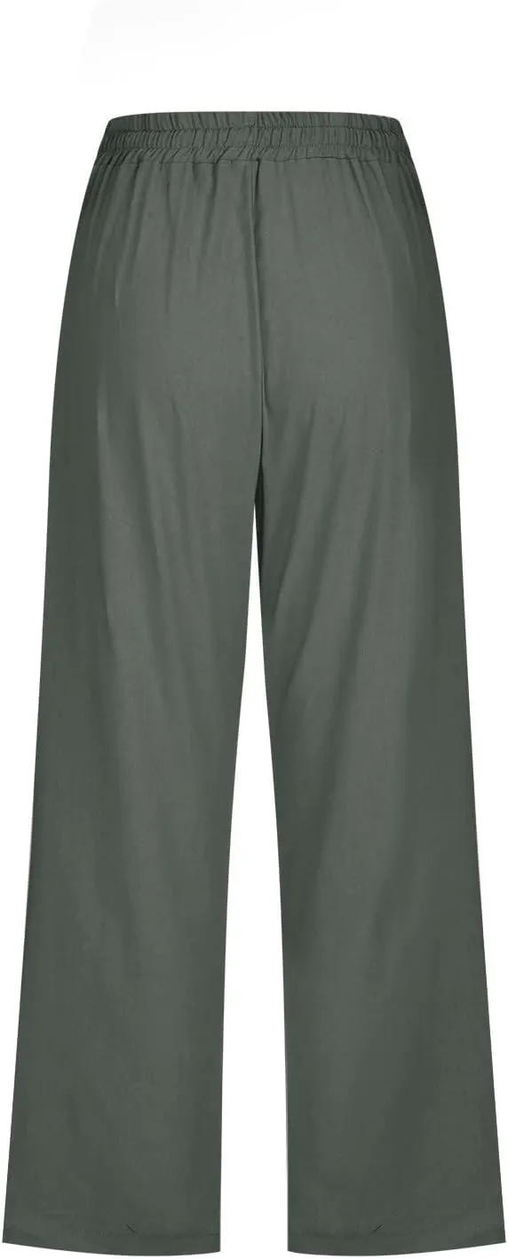 Casual Capri Pants for Women Summer Cotton Linen Cropped Pants Elastic High Waist Trousers Straight Wide Leg Pants