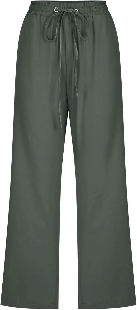 Casual Capri Pants for Women Summer Cotton Linen Cropped Pants Elastic High Waist Trousers Straight Wide Leg Pants