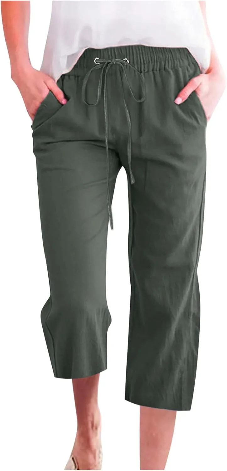 Casual Capri Pants for Women Summer Cotton Linen Cropped Pants Elastic High Waist Trousers Straight Wide Leg Pants