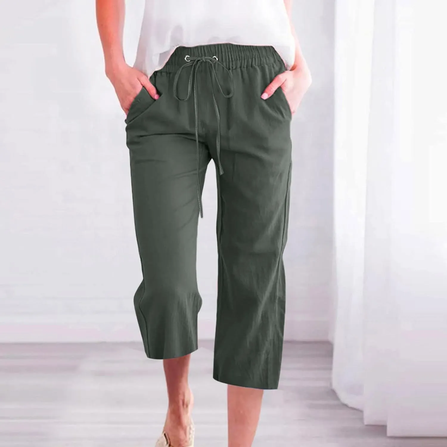 Casual Capri Pants for Women Summer Cotton Linen Cropped Pants Elastic High Waist Trousers Straight Wide Leg Pants