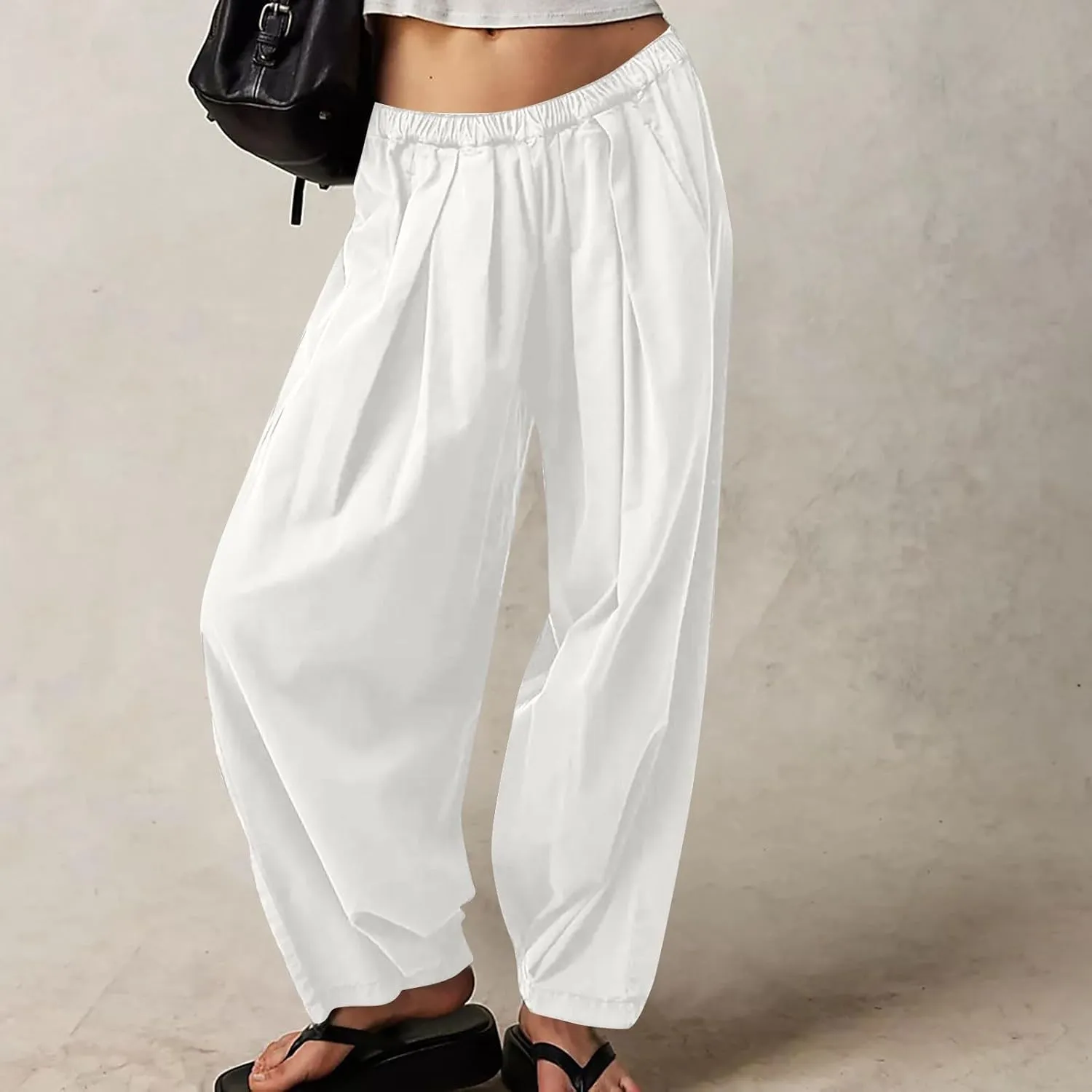 Casual Cotton Linen Pants Womens Classic Wide Leg Slacks Trendy Elastic Waist Pant Summer Loose Flowy Lounge Trousers