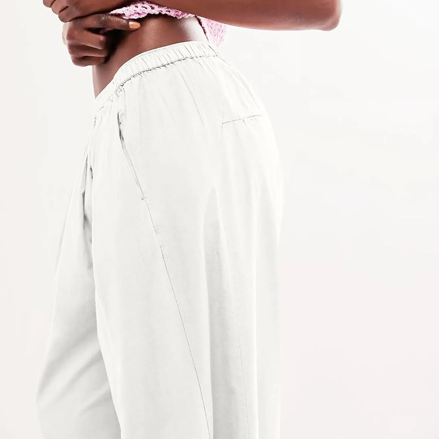 Casual Cotton Linen Pants Womens Classic Wide Leg Slacks Trendy Elastic Waist Pant Summer Loose Flowy Lounge Trousers