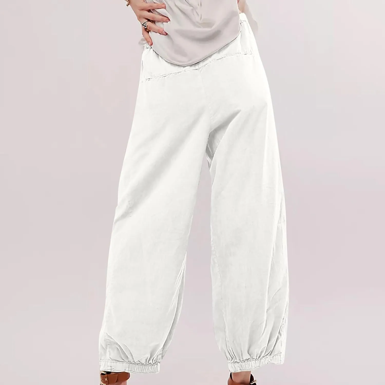 Casual Cotton Linen Pants Womens Classic Wide Leg Slacks Trendy Elastic Waist Pant Summer Loose Flowy Lounge Trousers