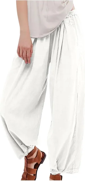 Casual Cotton Linen Pants Womens Classic Wide Leg Slacks Trendy Elastic Waist Pant Summer Loose Flowy Lounge Trousers
