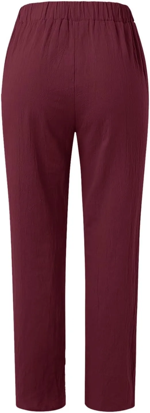 Casual Pants for Women Striped Side Button Elastic Waist Trendy Pants Straight Leg Lightweight Trousers with Pocket