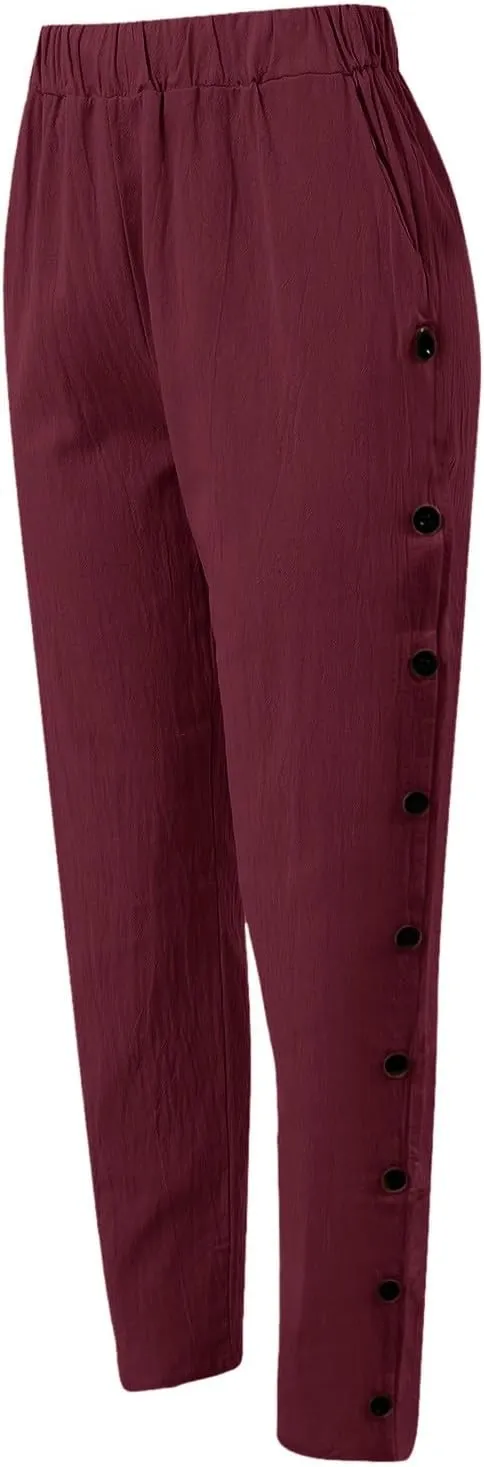 Casual Pants for Women Striped Side Button Elastic Waist Trendy Pants Straight Leg Lightweight Trousers with Pocket