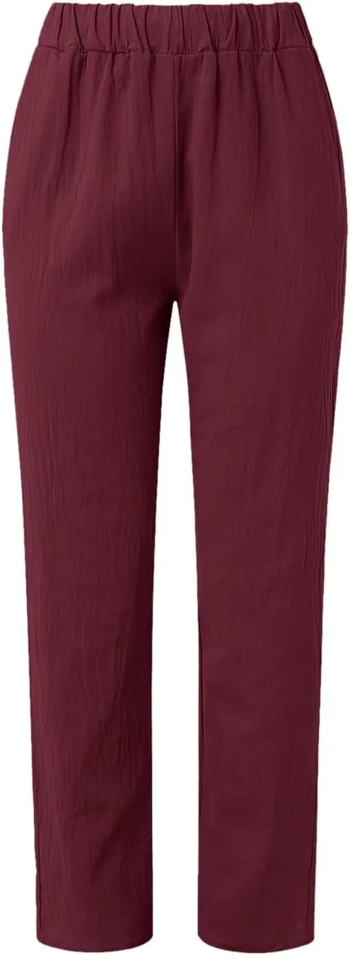 Casual Pants for Women Striped Side Button Elastic Waist Trendy Pants Straight Leg Lightweight Trousers with Pocket