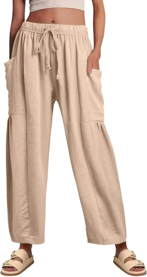 Casual Pants for Women Summer Wide Leg High Waisted Casual Boho Pants Trendy Beach Palazzo Harem Clothes with Pockets