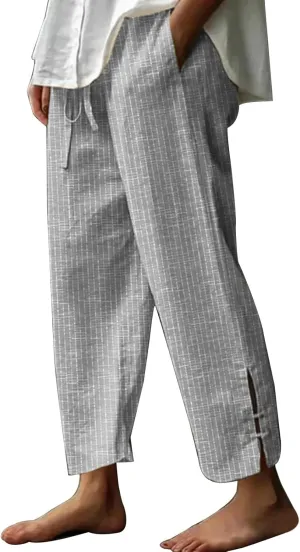 Casual Striped Linen Capris for Women Summer Wide Leg Cropped Lounge Pants Summer Beach Trousers Outfits with Pockets