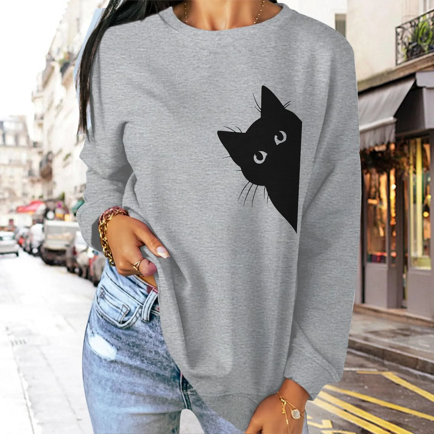 Cat Sweatshirts for Women Graphic Print Sweatshirt Funny Long Sleeve Shirt Cute Pullover Lightweight Hoodie Tops