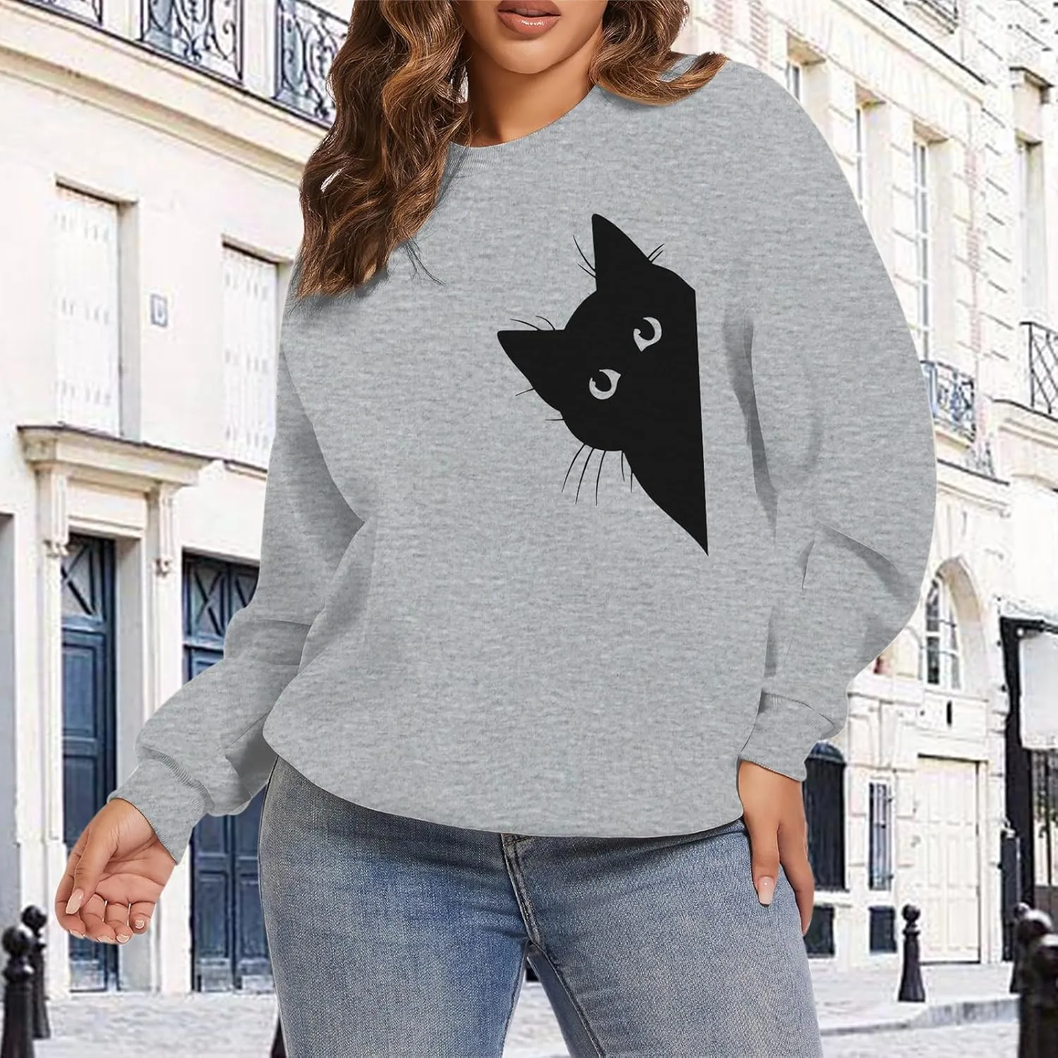 Cat Sweatshirts for Women Graphic Print Sweatshirt Funny Long Sleeve Shirt Cute Pullover Lightweight Hoodie Tops