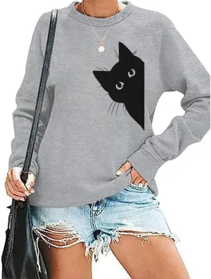 Cat Sweatshirts for Women Graphic Print Sweatshirt Funny Long Sleeve Shirt Cute Pullover Lightweight Hoodie Tops