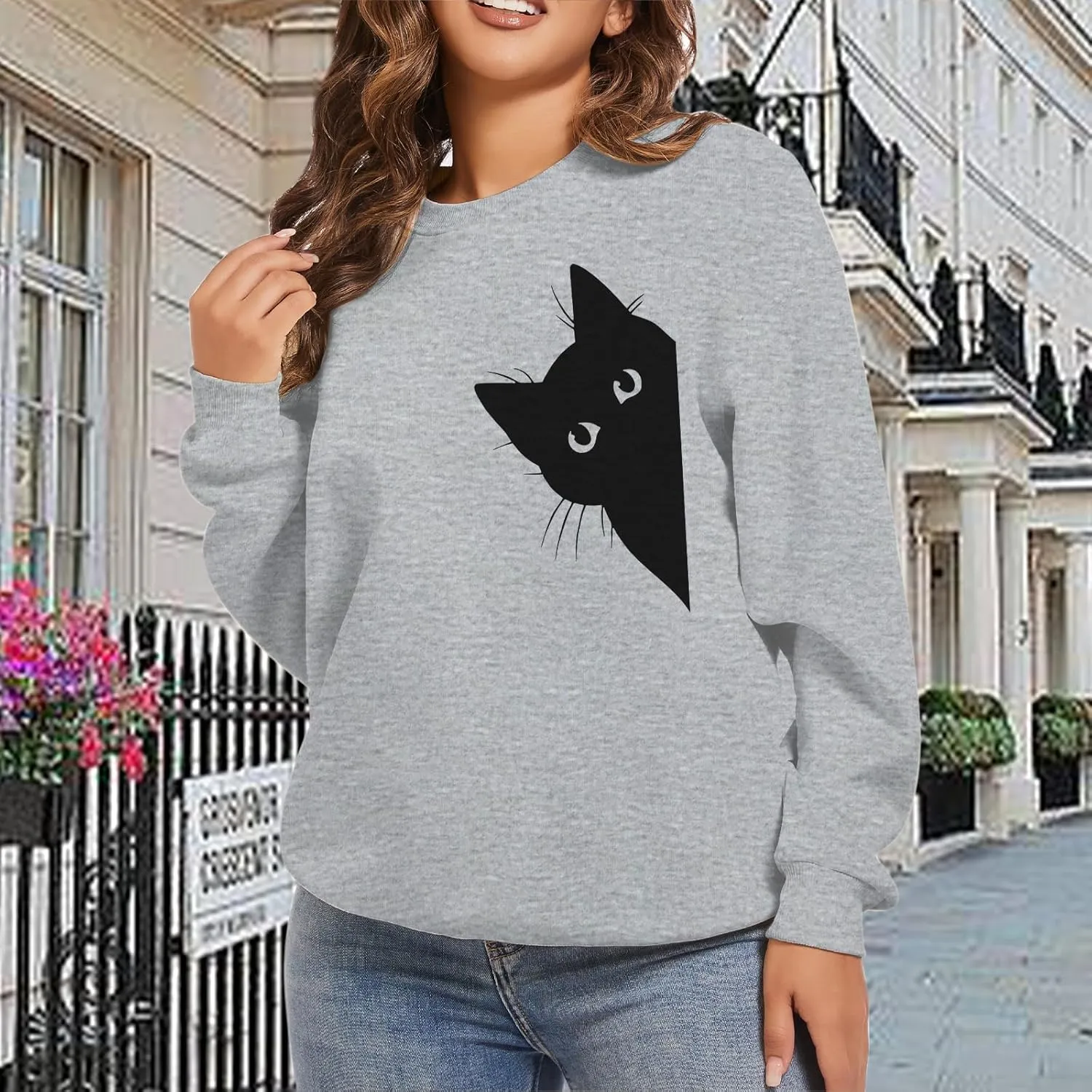 Cat Sweatshirts for Women Graphic Print Sweatshirt Funny Long Sleeve Shirt Cute Pullover Lightweight Hoodie Tops