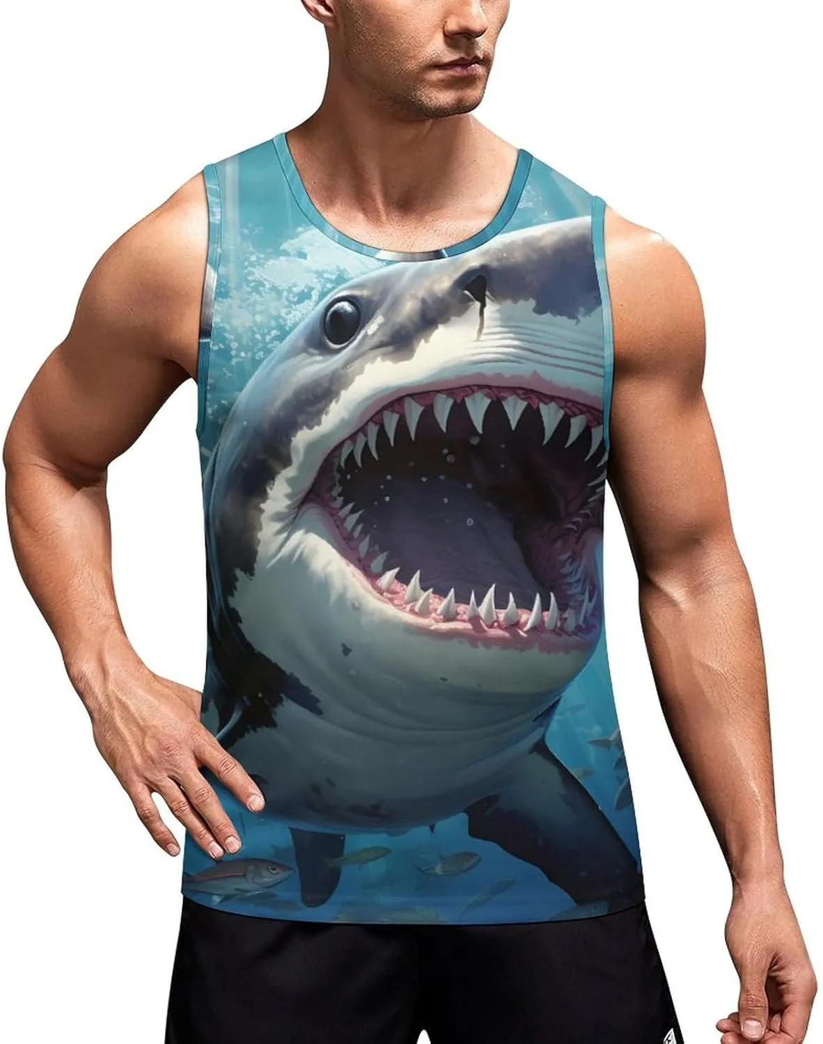 Chomp Shark Ocean Men's Tank Top Sleeveless T-Shirt Pullover Vest Shirts Gym Workout Beach Funny