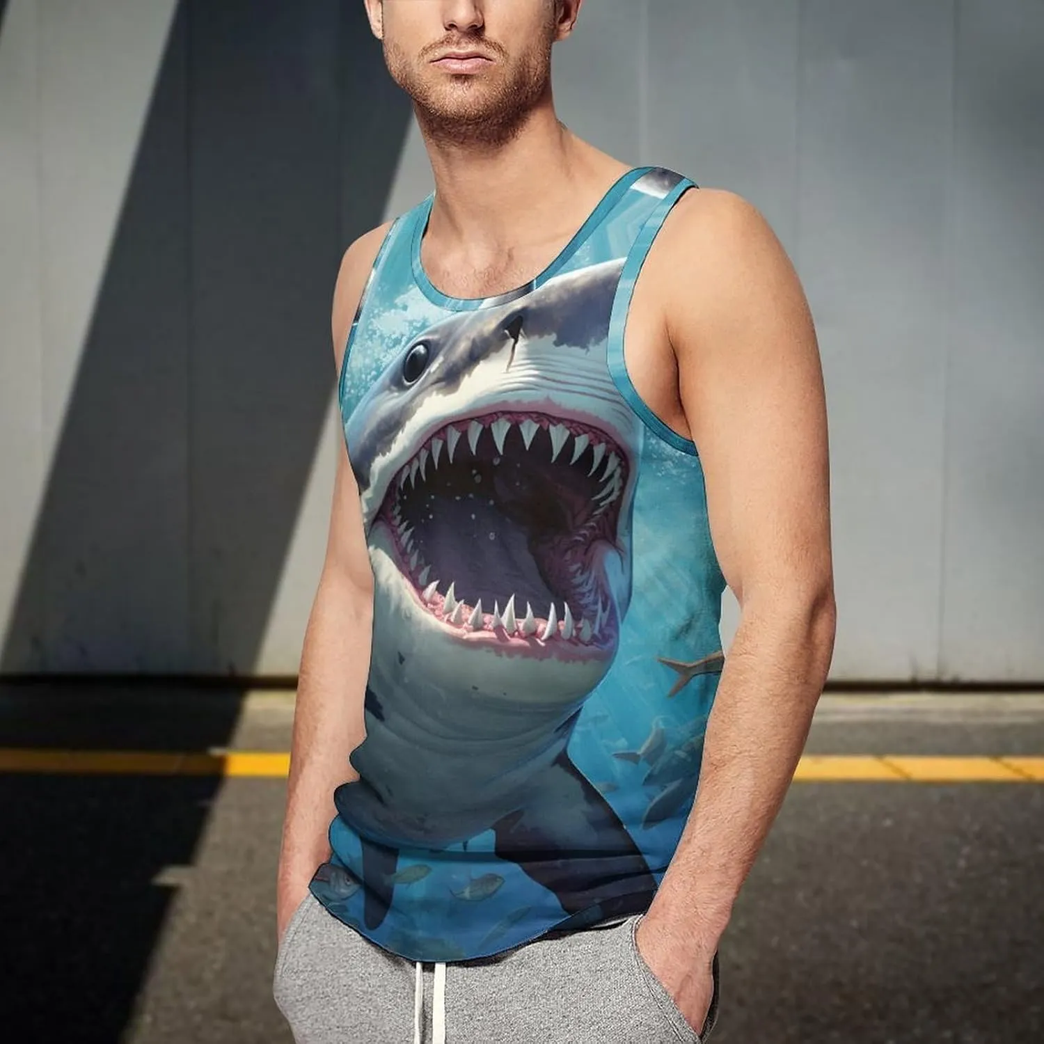Chomp Shark Ocean Men's Tank Top Sleeveless T-Shirt Pullover Vest Shirts Gym Workout Beach Funny