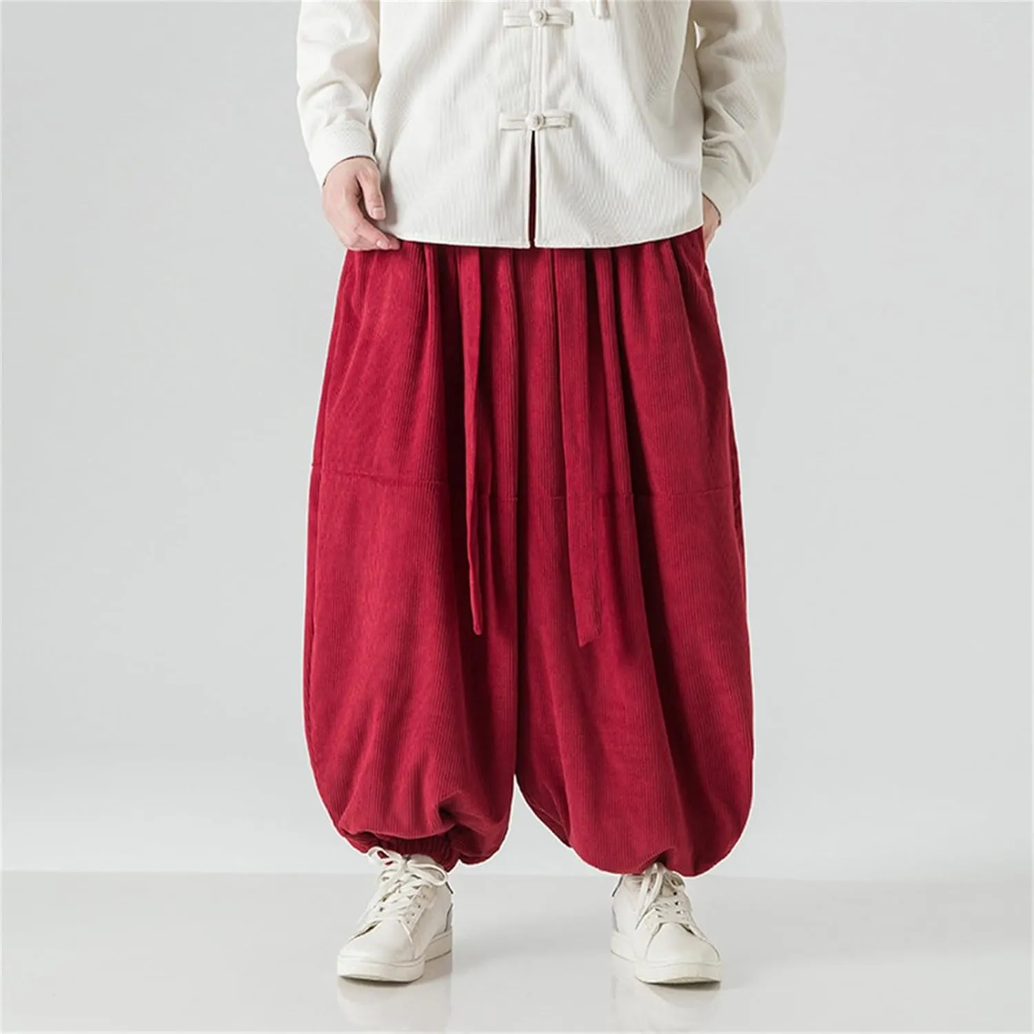 Corduroy Pants Men Baggy Drop Crotch Hippie Harem Pants Casual Loose Boho Joggers Tie Front Japanese Pants Trousers