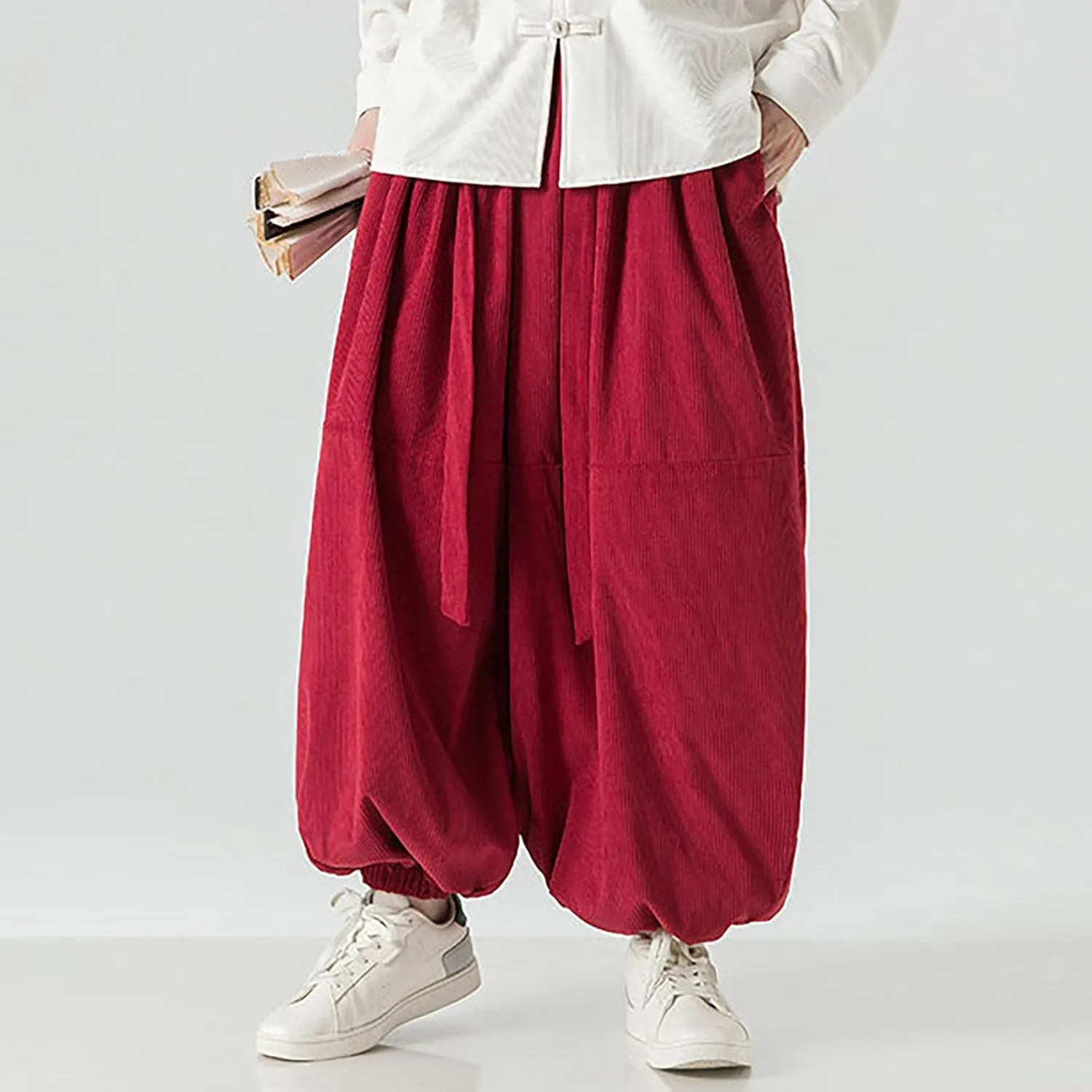 Corduroy Pants Men Baggy Drop Crotch Hippie Harem Pants Casual Loose Boho Joggers Tie Front Japanese Pants Trousers