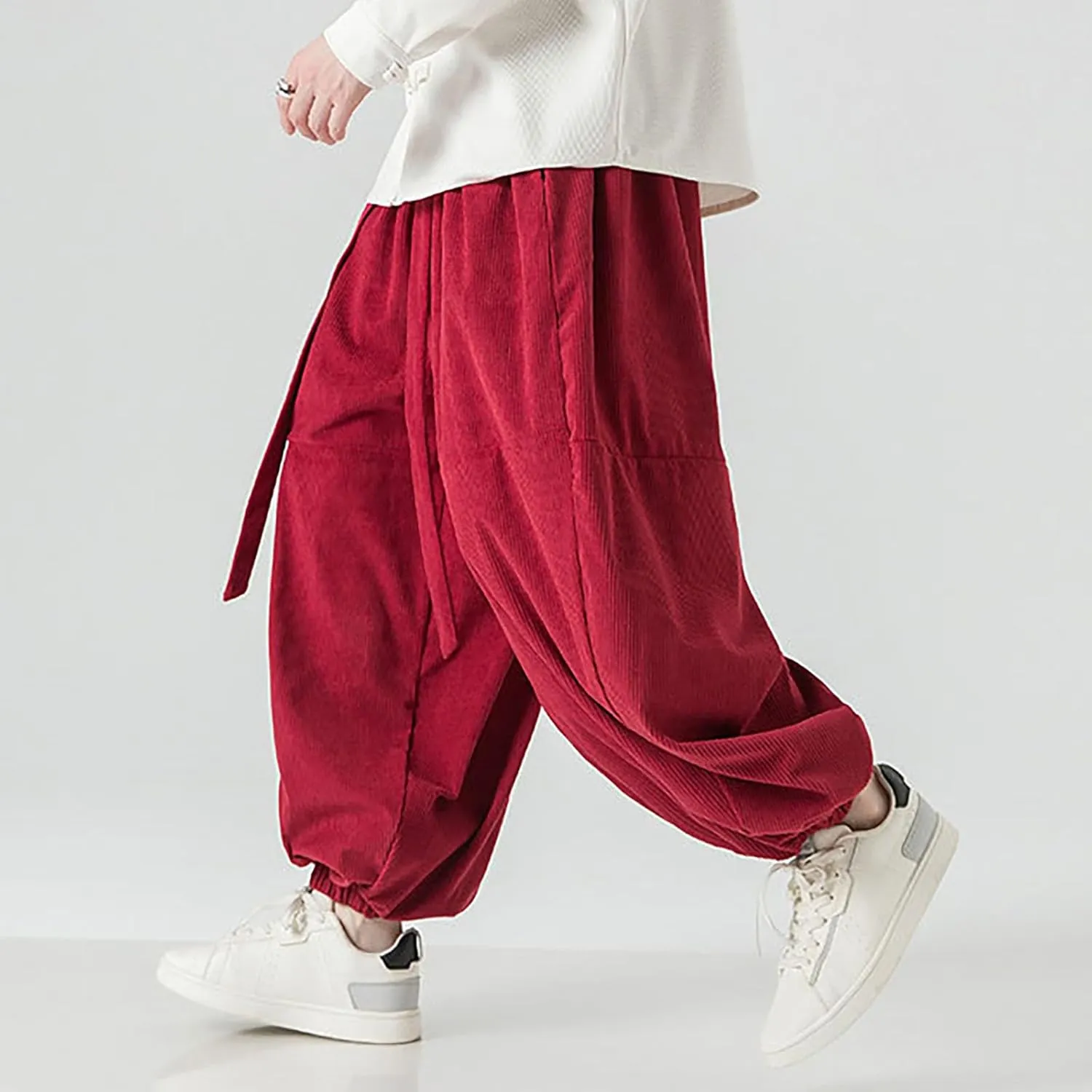 Corduroy Pants Men Baggy Drop Crotch Hippie Harem Pants Casual Loose Boho Joggers Tie Front Japanese Pants Trousers