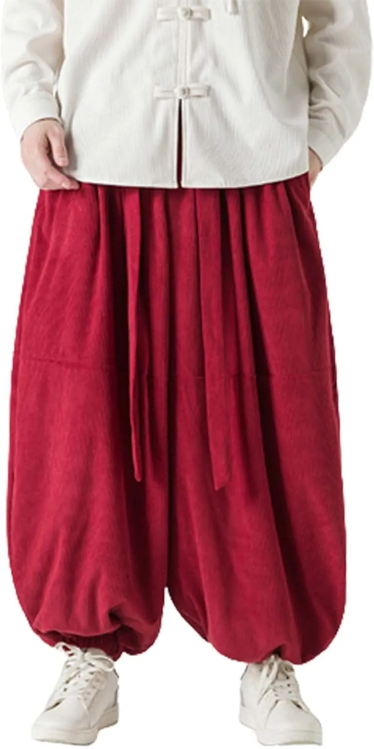 Corduroy Pants Men Baggy Drop Crotch Hippie Harem Pants Casual Loose Boho Joggers Tie Front Japanese Pants Trousers