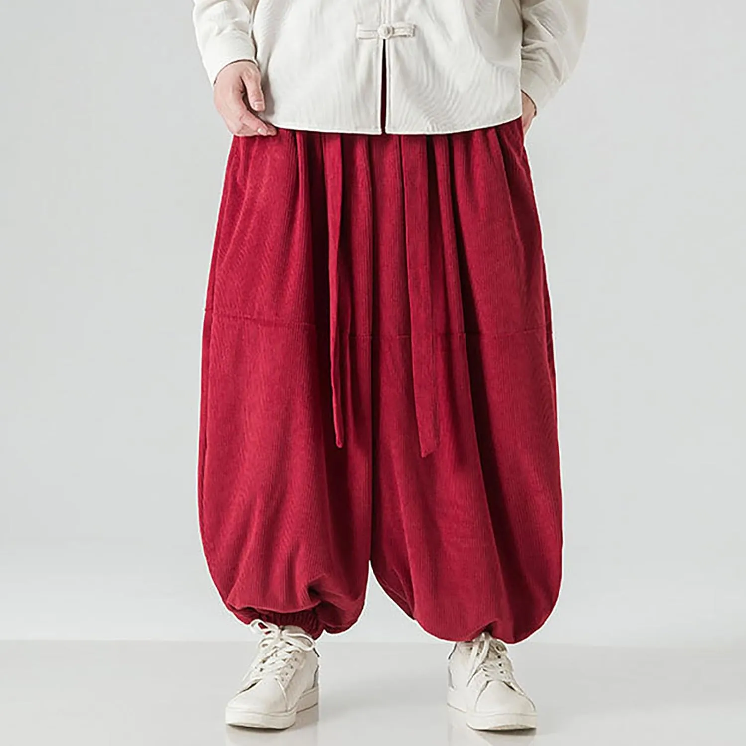 Corduroy Pants Men Baggy Drop Crotch Hippie Harem Pants Casual Loose Boho Joggers Tie Front Japanese Pants Trousers