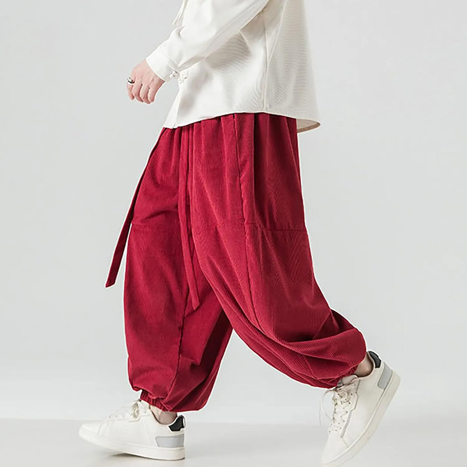 Corduroy Pants Men Baggy Drop Crotch Hippie Harem Pants Casual Loose Boho Joggers Tie Front Japanese Pants Trousers