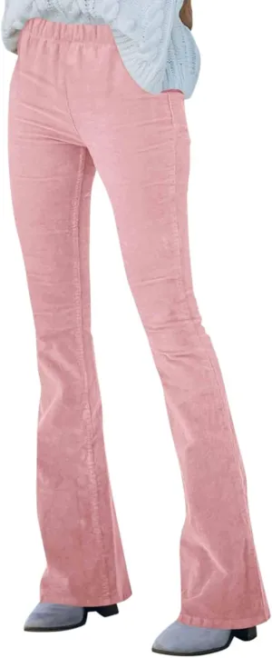 Corduroy Pants Women Casual Elastic High Waisted Flare Pants Bell Bottom Comfy Work Pants Cord Trousers Pants