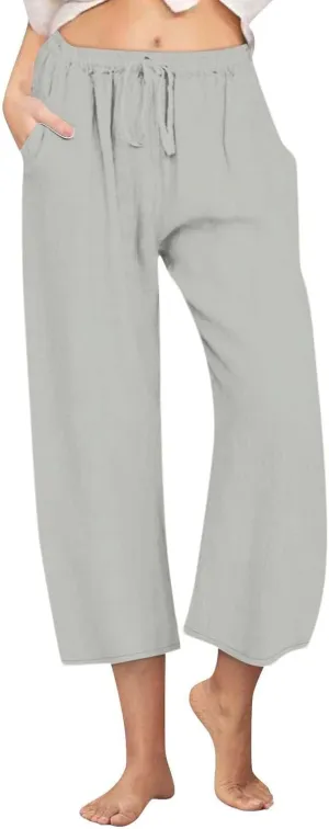 Cotton Linen Capri Pants for Women Wide Leg Cropped Pant Lounge Trouser Elastic Waist Summer Beach Vacation Outfits