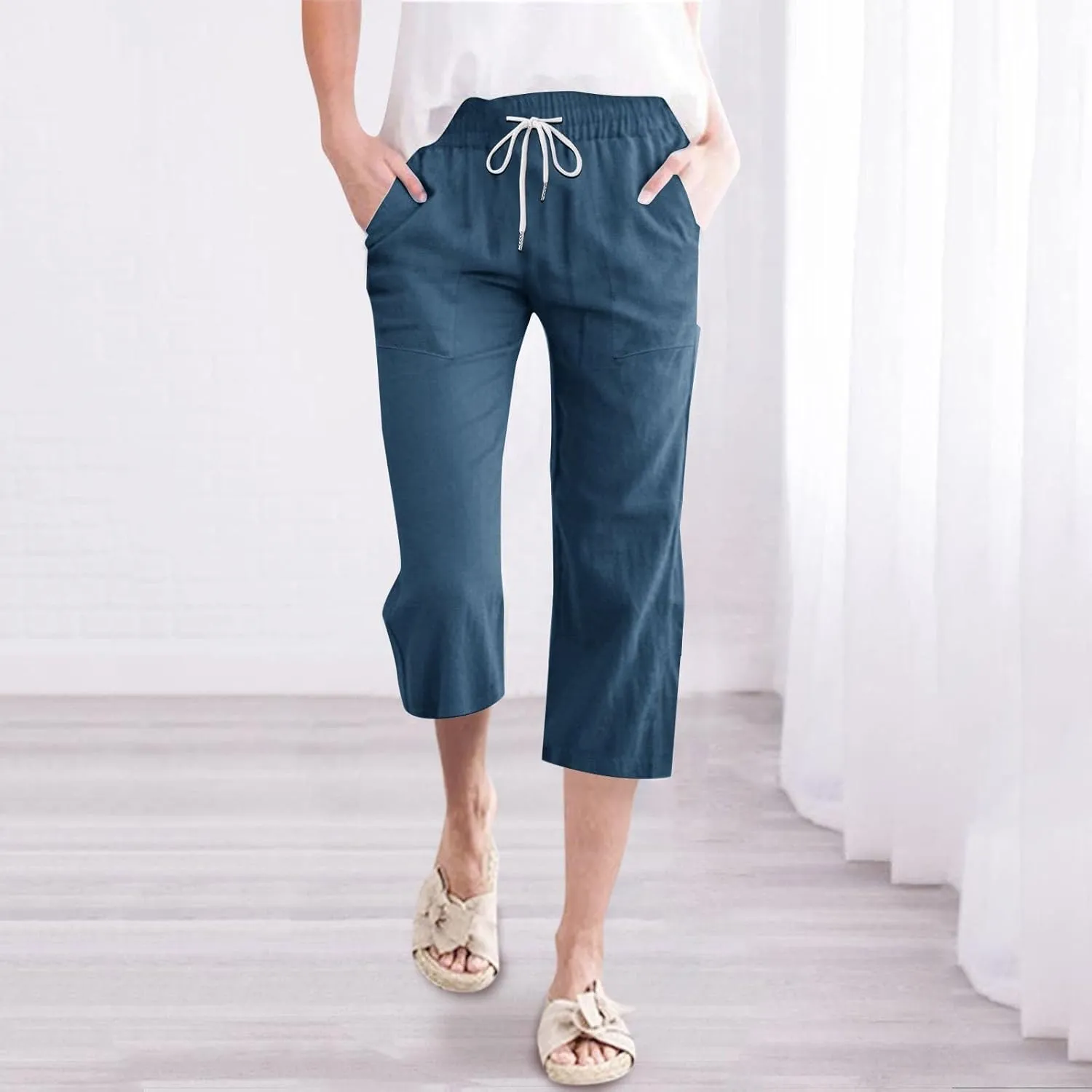 Cotton Linen Pants for Women Casual 2025 Summer Capri with Pockets Plus Size Drawstring Elastic Waist Trousers