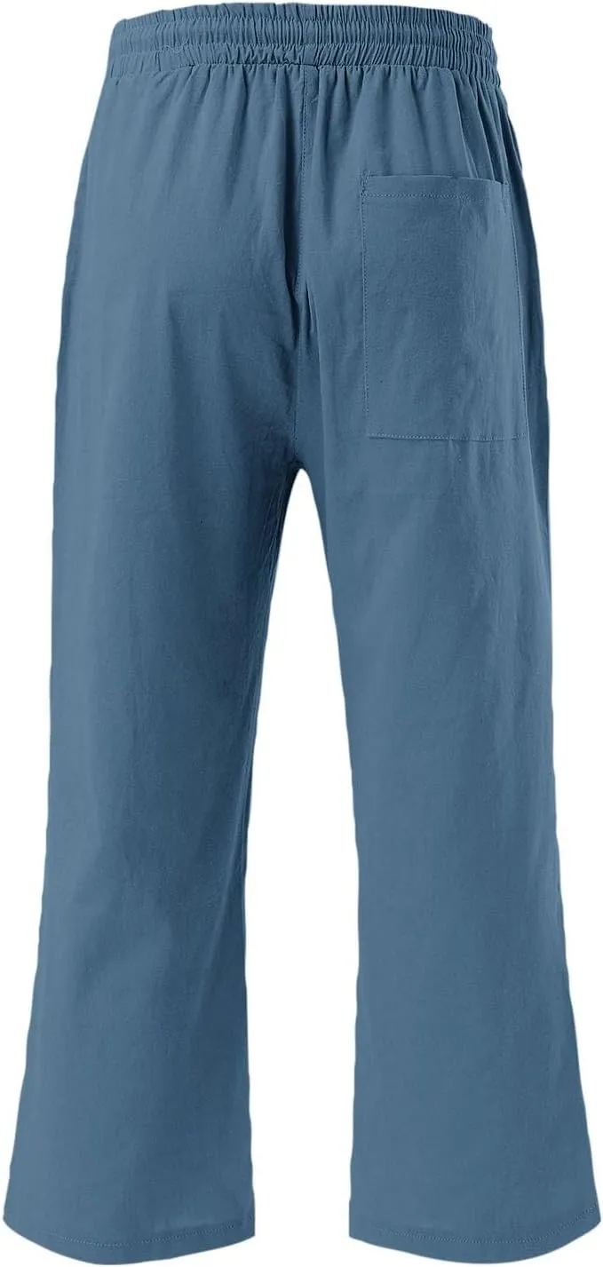 Cotton Linen Pants for Women Casual 2025 Summer Capri with Pockets Plus Size Drawstring Elastic Waist Trousers
