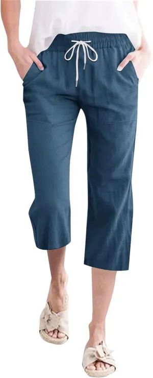 Cotton Linen Pants for Women Casual 2025 Summer Capri with Pockets Plus Size Drawstring Elastic Waist Trousers