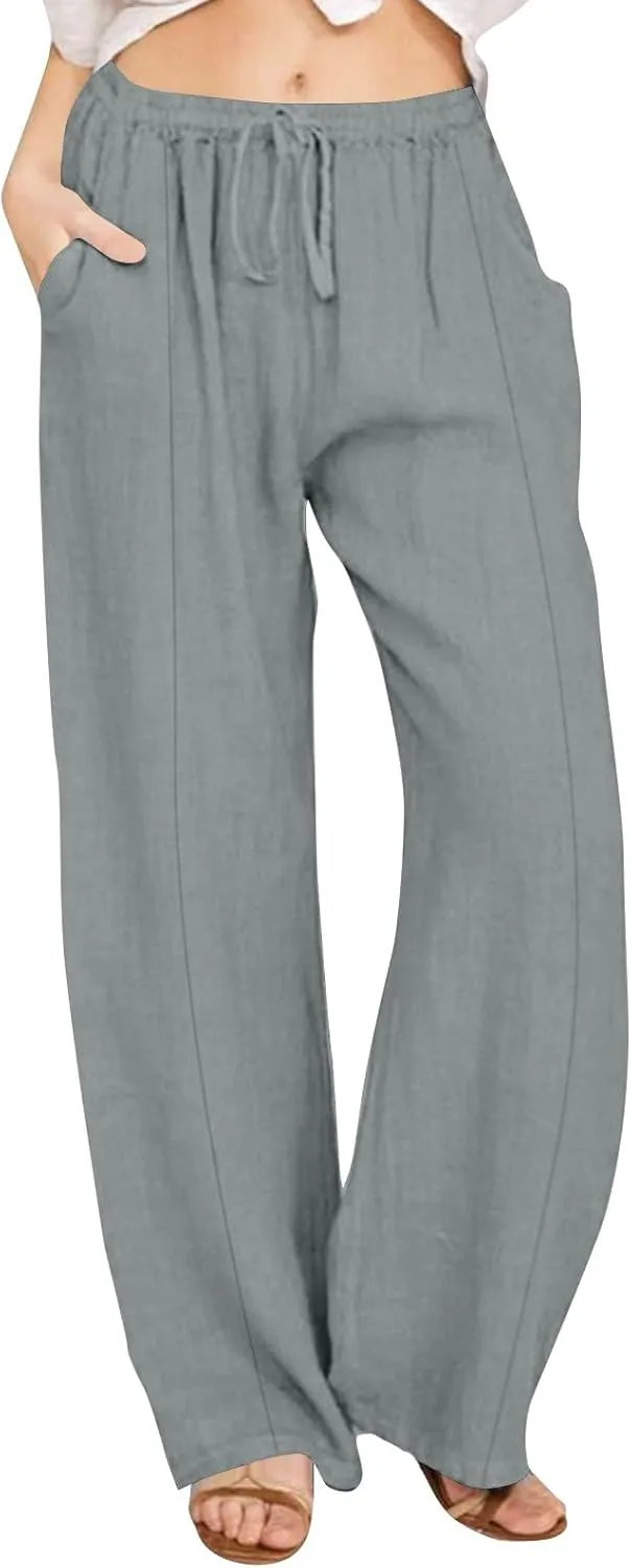 Cotton Linen Pants for Women Casual Straight Leg Trousers Drawstring High Waist Summer Wide Leg Pants with Pockets