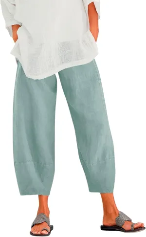 Cotton Linen Pants for Women High Waisted Wide Leg Pants Summer Loose Fit Capris Pants Lightweight Beach Trousers