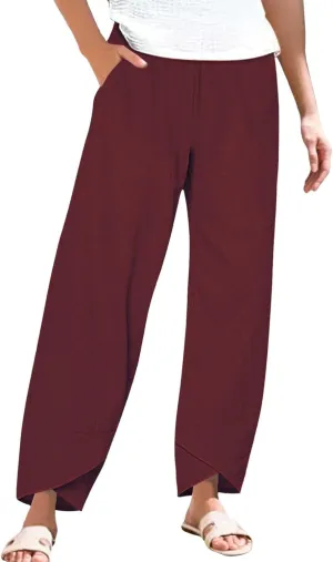 Cotton Linen Pants for Women Summer Straight Leg Elastic Waist Capri Pant Casual Loose Cropped Trousers with Pockets