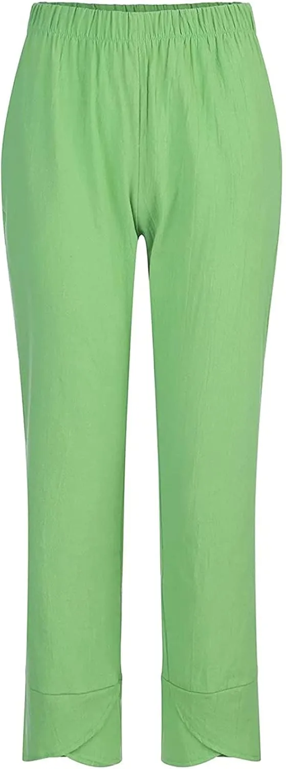 Cotton Linen Pants Women 2024 Casual Summer Capri Pants Slit Cropped Comfy Baggy Trousers Lightweight with Pockets