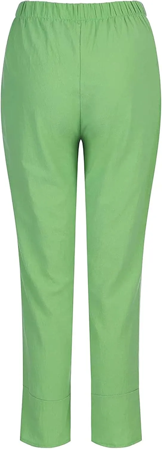Cotton Linen Pants Women 2024 Casual Summer Capri Pants Slit Cropped Comfy Baggy Trousers Lightweight with Pockets