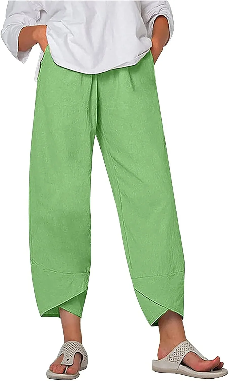 Cotton Linen Pants Women 2024 Casual Summer Capri Pants Slit Cropped Comfy Baggy Trousers Lightweight with Pockets