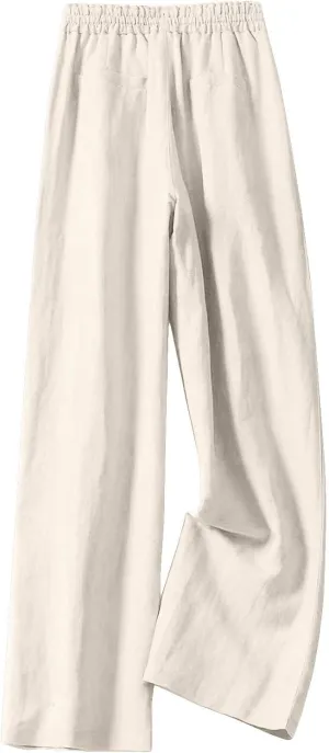 Cotton Linen Wide Leg Pants for Women Summer Casual Yoga Palazzo Pants High Waist Straight Leg Trousers with Pockets