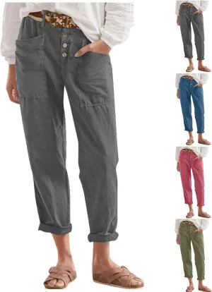Cropped Linen Pants Women Summer Elastic Waist Plus Size Capri Pants Casual Baggy Straight Leg Pants with Pockets