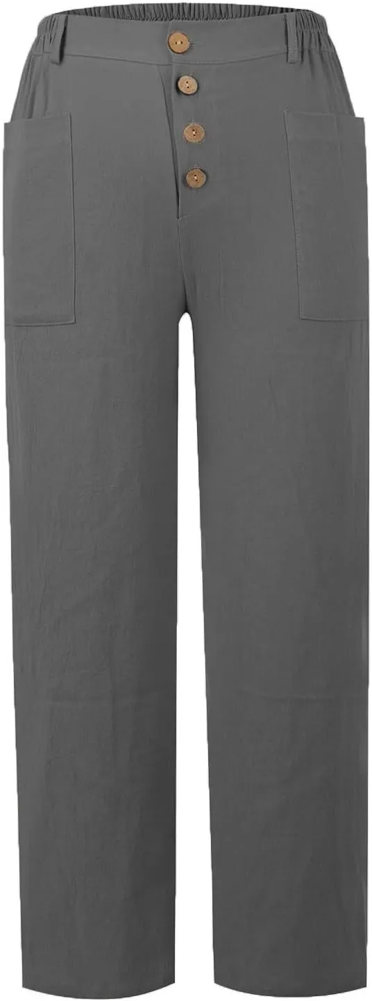 Cropped Linen Pants Women Summer Elastic Waist Plus Size Capri Pants Casual Baggy Straight Leg Pants with Pockets