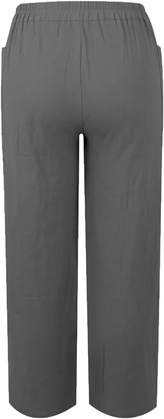 Cropped Linen Pants Women Summer Elastic Waist Plus Size Capri Pants Casual Baggy Straight Leg Pants with Pockets