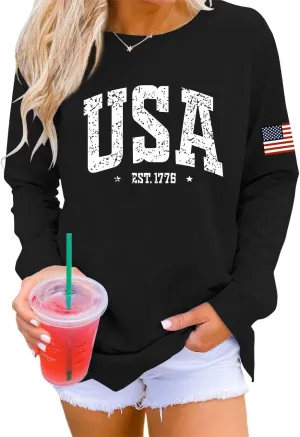 Dressmine Womens Usa Sweatshirt Long Sleeve Graphic 4Th Of July Flag Shirts 2025 Cute Knit Casual Pullover