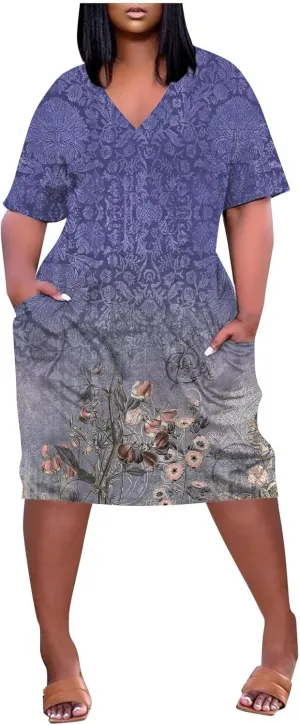 Eduavar Midi Dresses for Women 2024, Plus Size Summer Dresses for Women Lightweight V Neck Short Sleeve Floral Print Dress