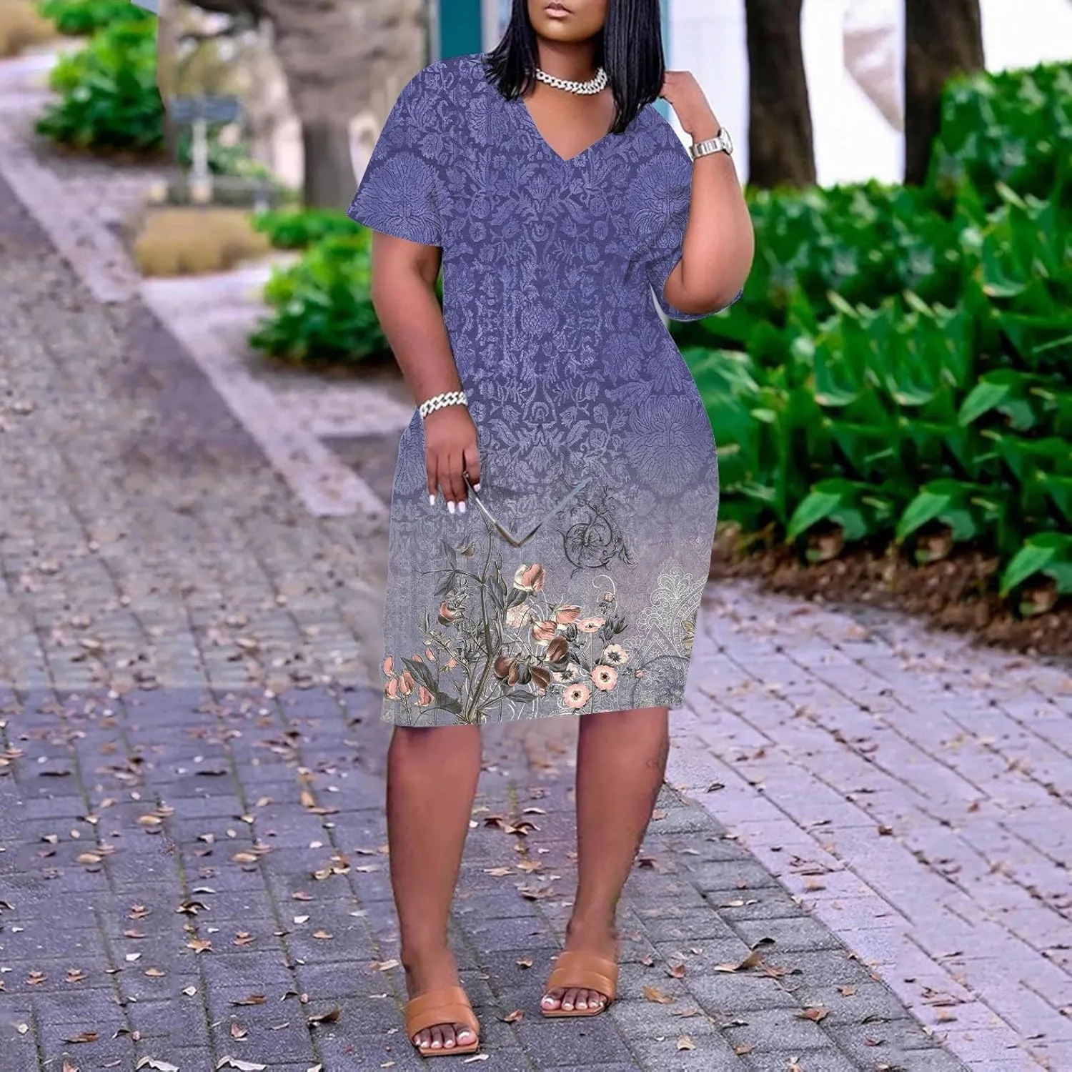 Eduavar Midi Dresses for Women 2024, Plus Size Summer Dresses for Women Lightweight V Neck Short Sleeve Floral Print Dress