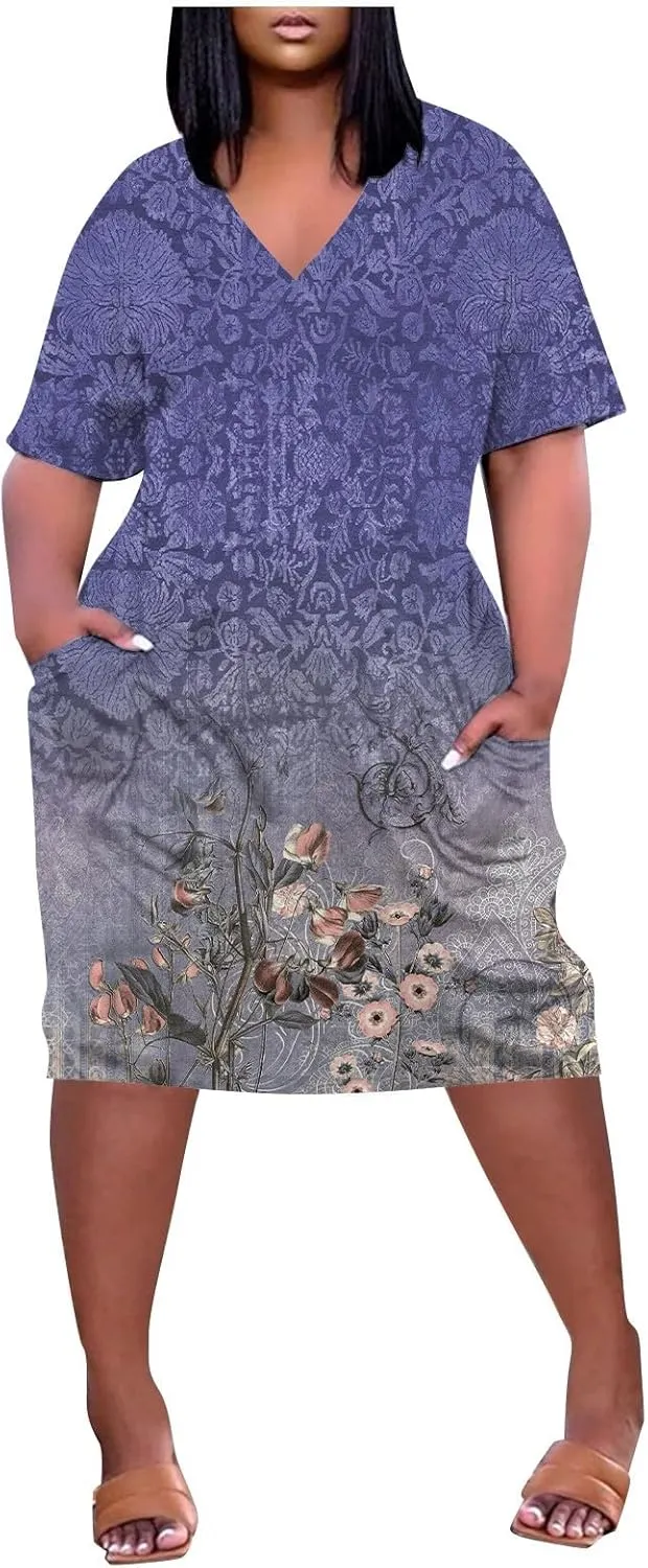 Eduavar Midi Dresses for Women 2024, Plus Size Summer Dresses for Women Lightweight V Neck Short Sleeve Floral Print Dress
