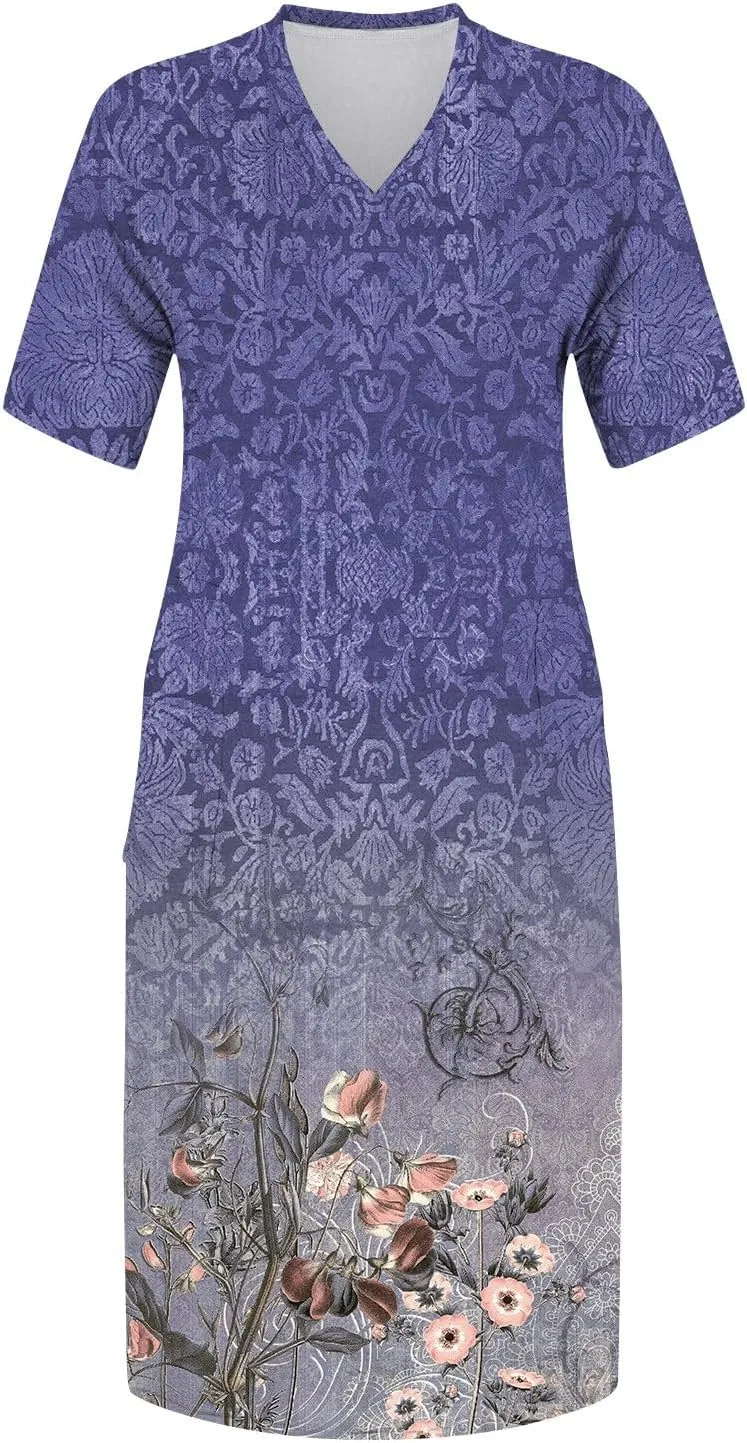 Eduavar Midi Dresses for Women 2024, Plus Size Summer Dresses for Women Lightweight V Neck Short Sleeve Floral Print Dress