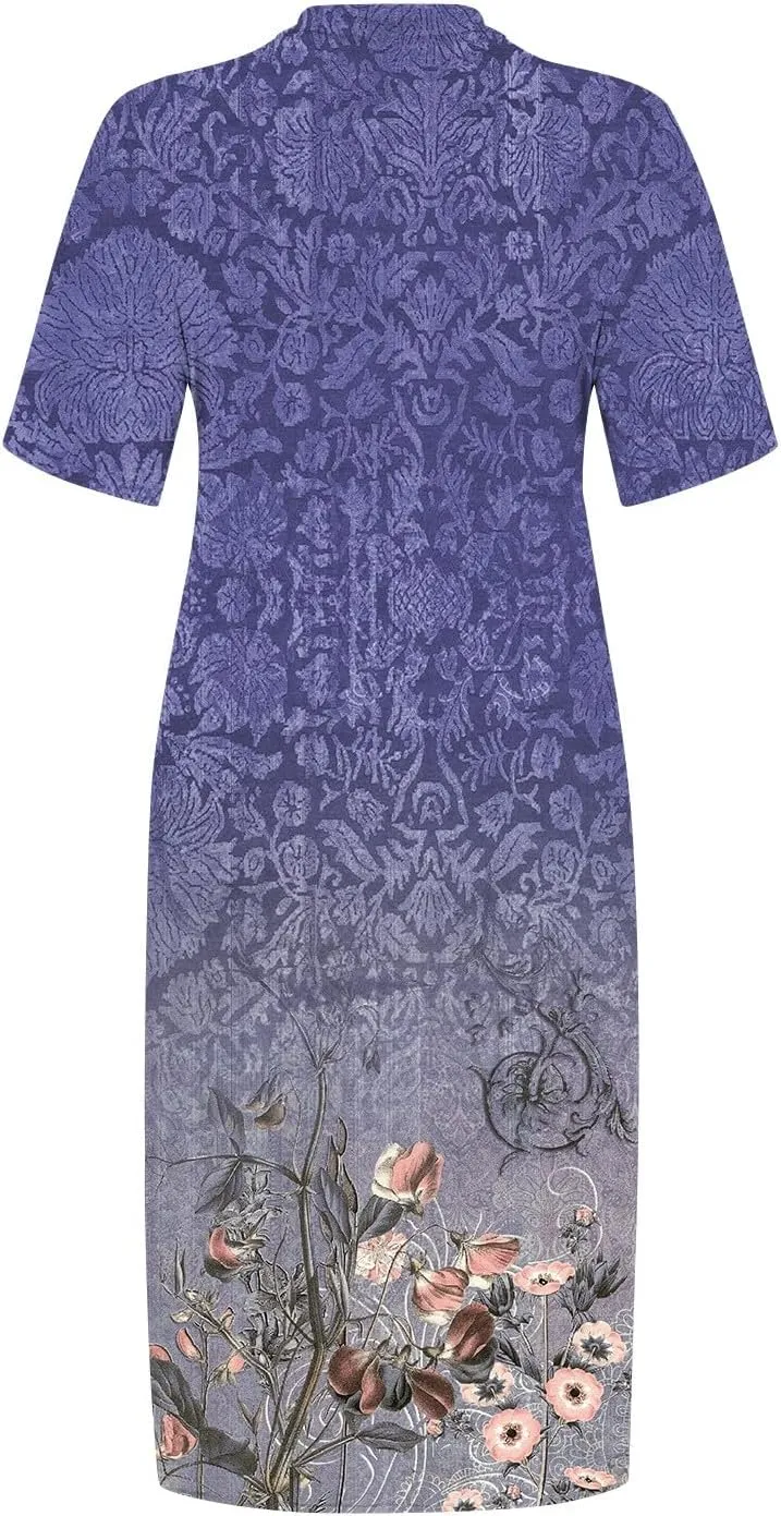 Eduavar Midi Dresses for Women 2024, Plus Size Summer Dresses for Women Lightweight V Neck Short Sleeve Floral Print Dress